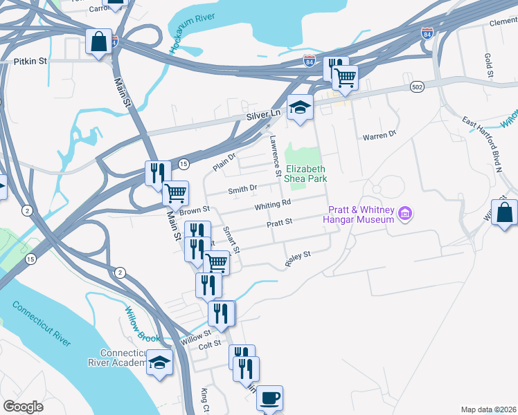 map of restaurants, bars, coffee shops, grocery stores, and more near 57 Whiting Road in East Hartford