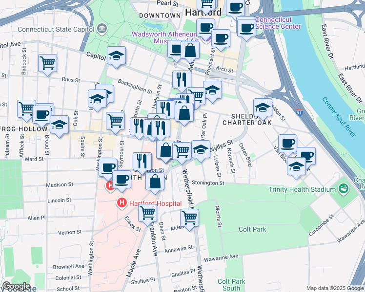 map of restaurants, bars, coffee shops, grocery stores, and more near 118 Main Street in Hartford