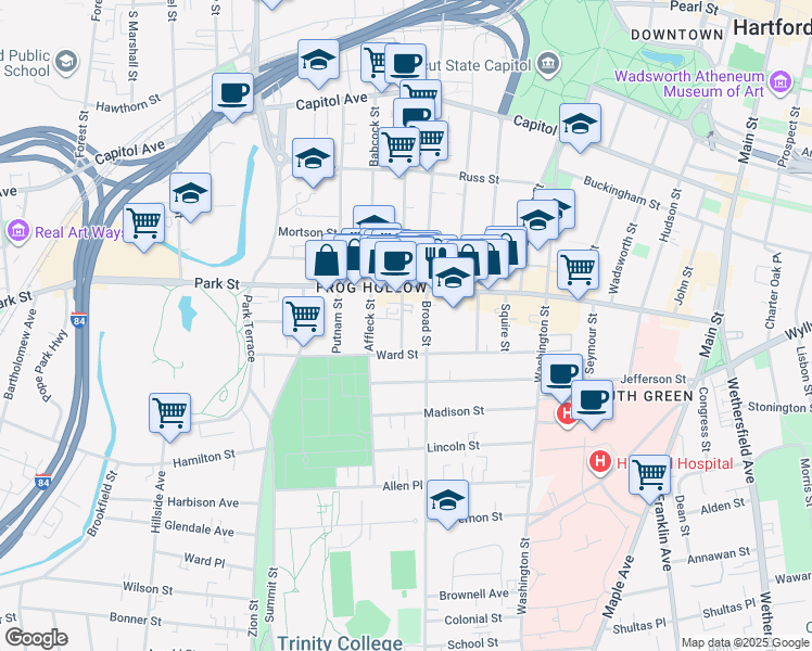 map of restaurants, bars, coffee shops, grocery stores, and more near 29 Lawrence Street in Hartford