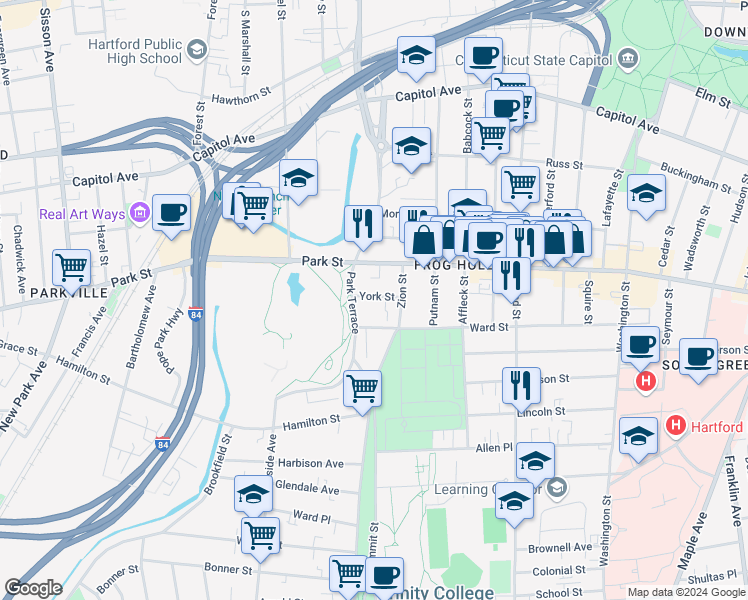 map of restaurants, bars, coffee shops, grocery stores, and more near 29 York Street in Hartford