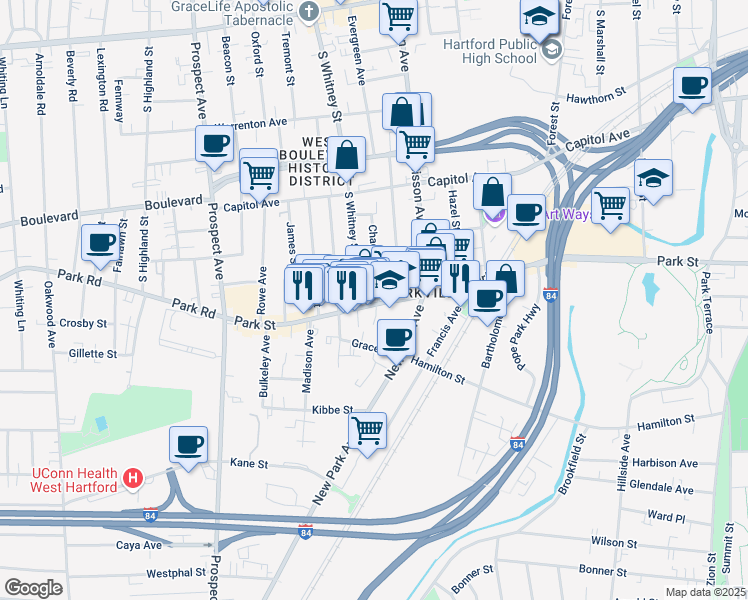 map of restaurants, bars, coffee shops, grocery stores, and more near in Hartford