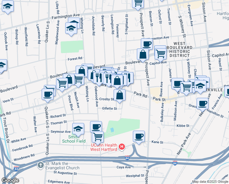 map of restaurants, bars, coffee shops, grocery stores, and more near 11 Crescent Street in West Hartford