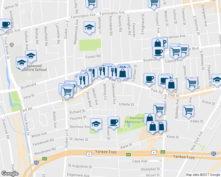 map of restaurants, bars, coffee shops, grocery stores, and more near 23 Oakwood Avenue in West Hartford