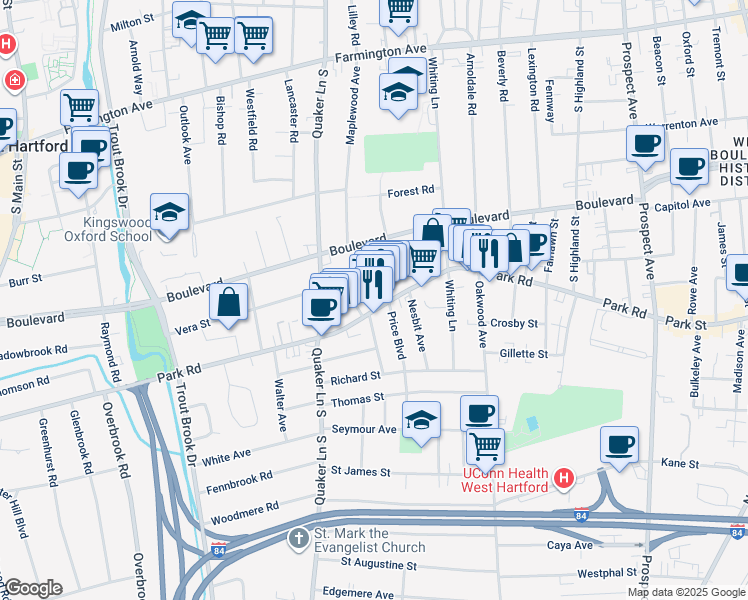 map of restaurants, bars, coffee shops, grocery stores, and more near 16 Washington Circle in West Hartford