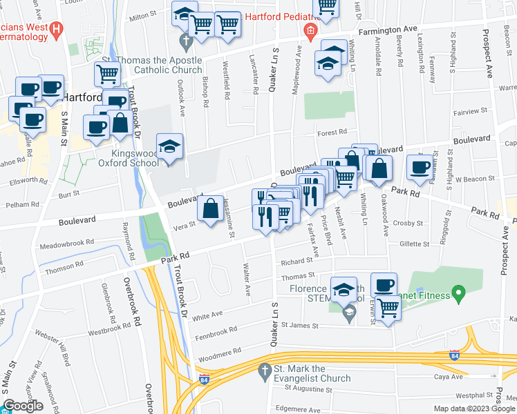map of restaurants, bars, coffee shops, grocery stores, and more near 25 Vera Street in West Hartford