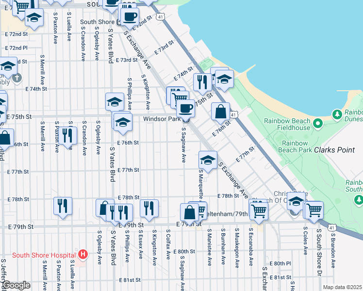 map of restaurants, bars, coffee shops, grocery stores, and more near 7607 South Saginaw Avenue in Chicago