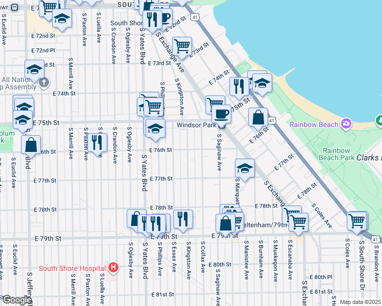 map of restaurants, bars, coffee shops, grocery stores, and more near 2543 East 76th Street in Chicago