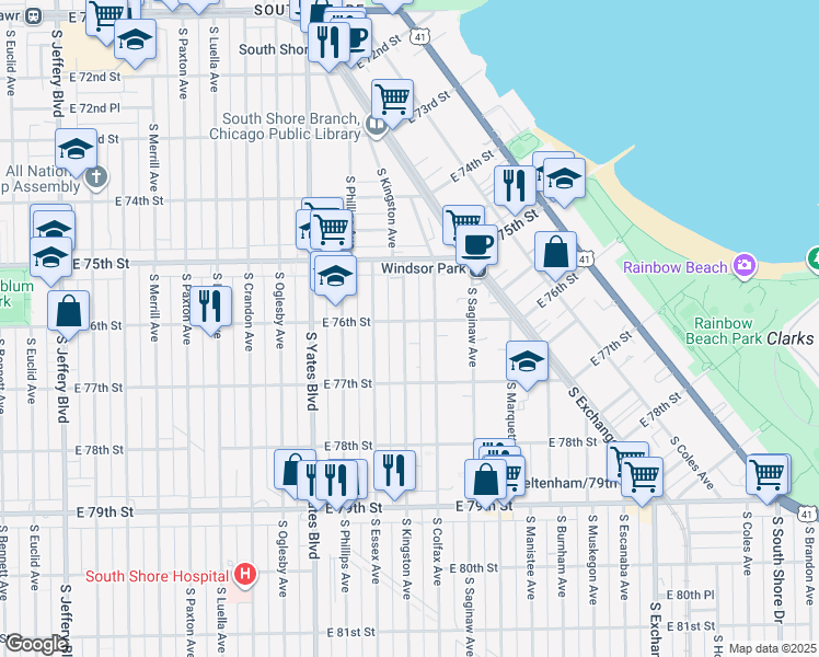 map of restaurants, bars, coffee shops, grocery stores, and more near 2543 East 76th Street in Chicago