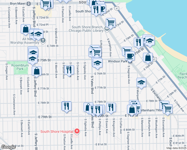 map of restaurants, bars, coffee shops, grocery stores, and more near 7604 South Phillips Avenue in Chicago
