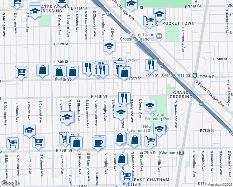 map of restaurants, bars, coffee shops, grocery stores, and more near 7553 South Evans Avenue in Chicago