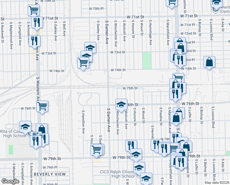 map of restaurants, bars, coffee shops, grocery stores, and more near 7515 South Winchester Avenue in Chicago