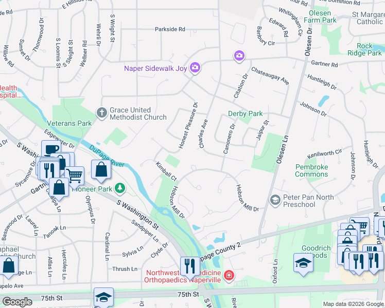 map of restaurants, bars, coffee shops, grocery stores, and more near 1014 Kauai King Court in Naperville