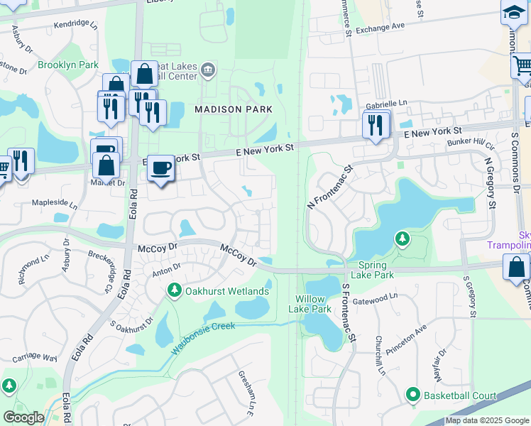 map of restaurants, bars, coffee shops, grocery stores, and more near 159 Braxton Lane in Aurora