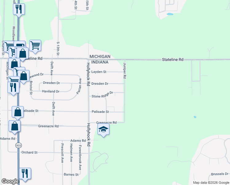map of restaurants, bars, coffee shops, grocery stores, and more near 19070 Stone Ridge Drive in South Bend