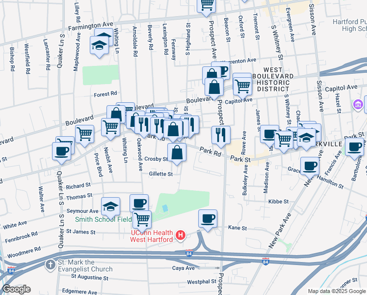 map of restaurants, bars, coffee shops, grocery stores, and more near 75 Park Road in West Hartford