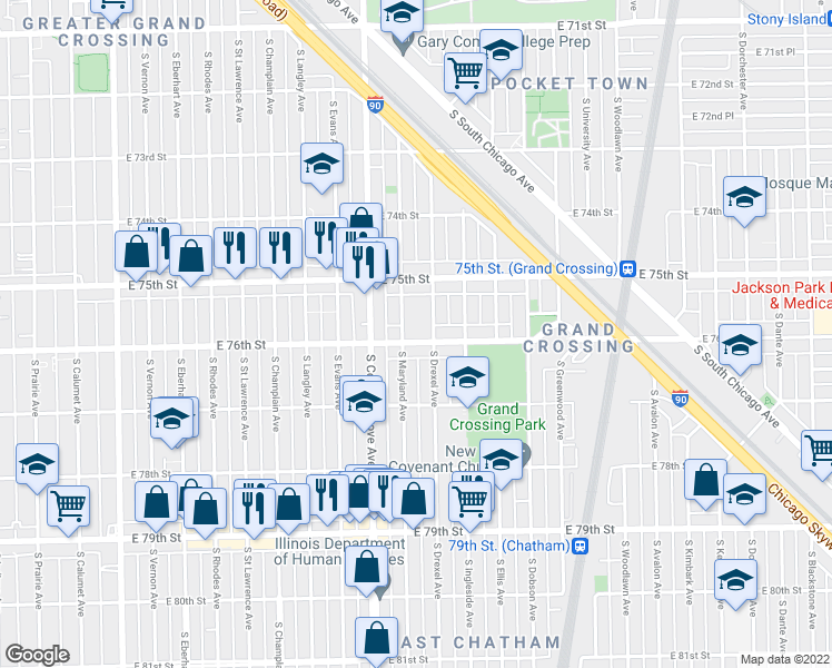 map of restaurants, bars, coffee shops, grocery stores, and more near 840 East 76th Street in Chicago
