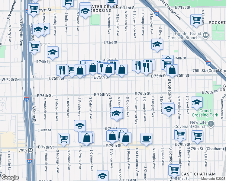 map of restaurants, bars, coffee shops, grocery stores, and more near 7549 S Vernon Ave in Chicago