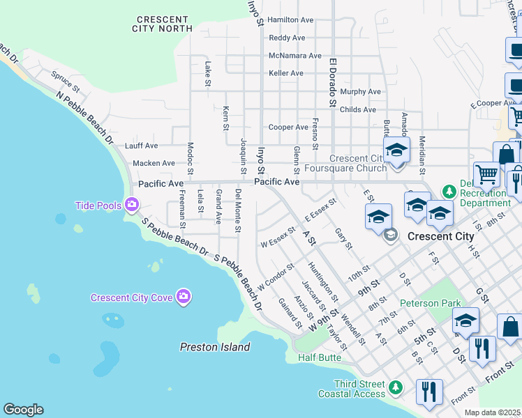 map of restaurants, bars, coffee shops, grocery stores, and more near 243 Jackie Street in Crescent City