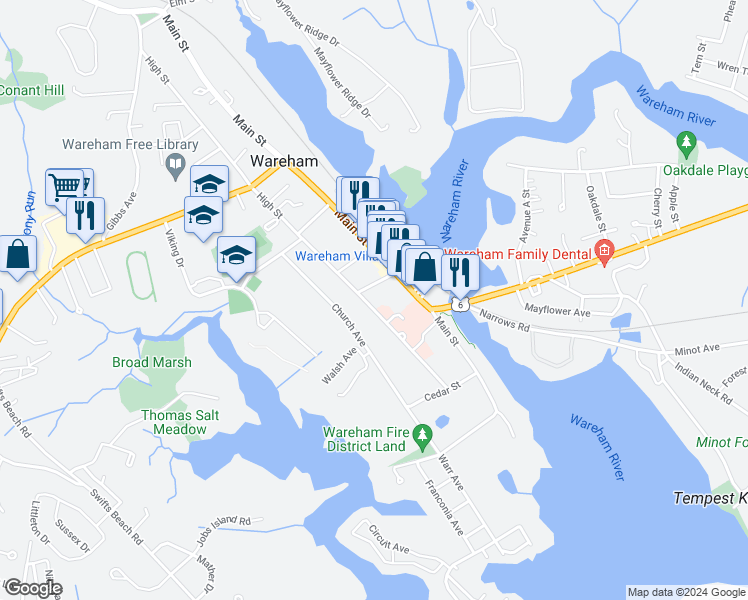 map of restaurants, bars, coffee shops, grocery stores, and more near 69 High Street in Wareham