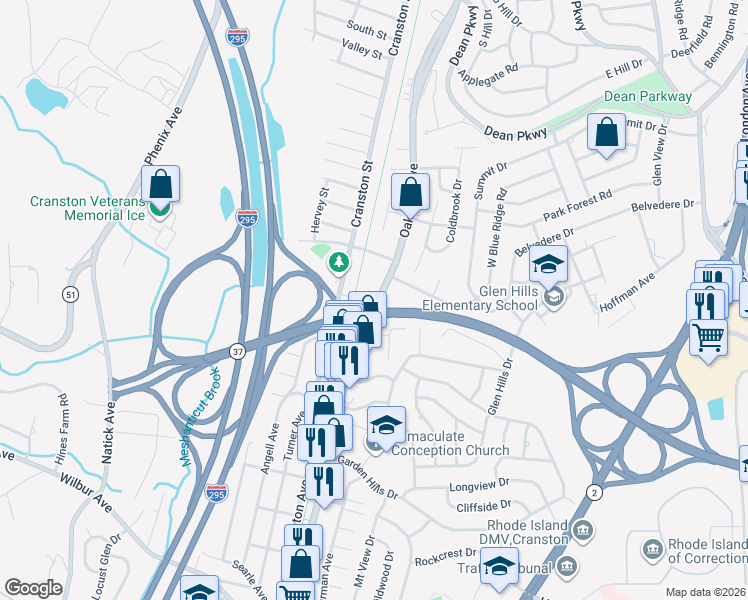 map of restaurants, bars, coffee shops, grocery stores, and more near 645 Oaklawn Avenue in Cranston