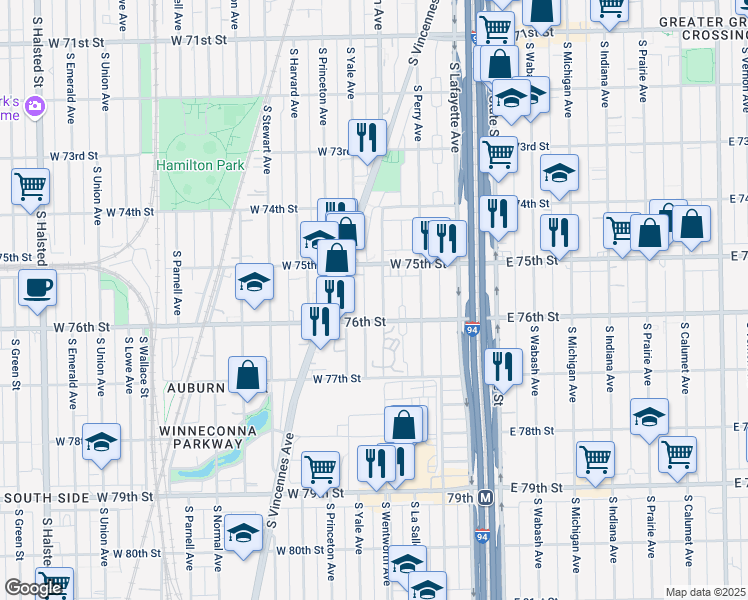 map of restaurants, bars, coffee shops, grocery stores, and more near 7534 South Wentworth Avenue in Chicago