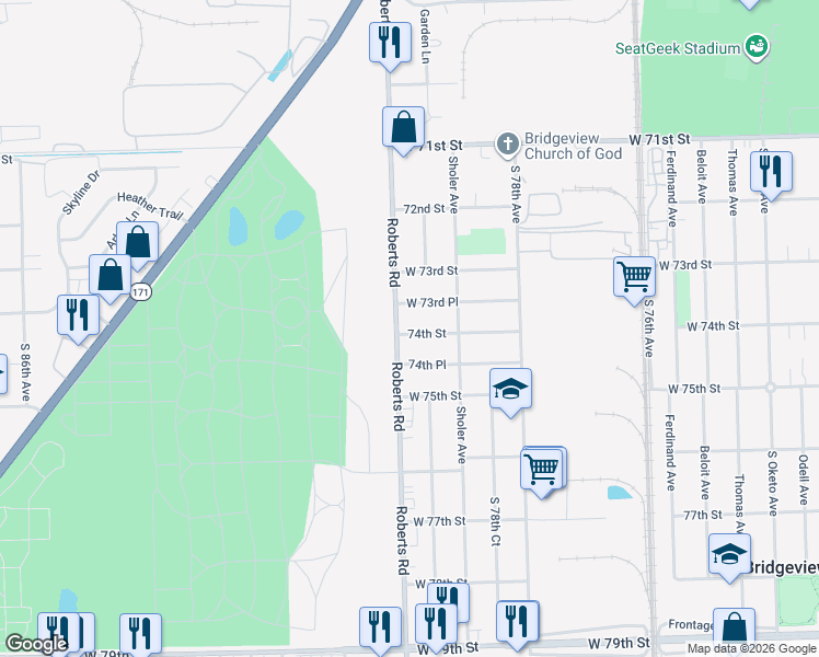 map of restaurants, bars, coffee shops, grocery stores, and more near 7355 Roberts Road in Bridgeview