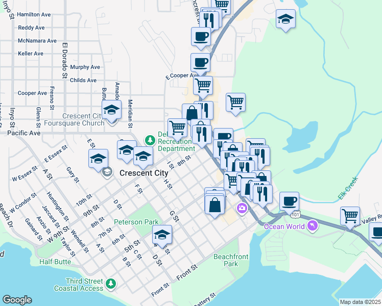 map of restaurants, bars, coffee shops, grocery stores, and more near 1088 8th Street in Crescent City