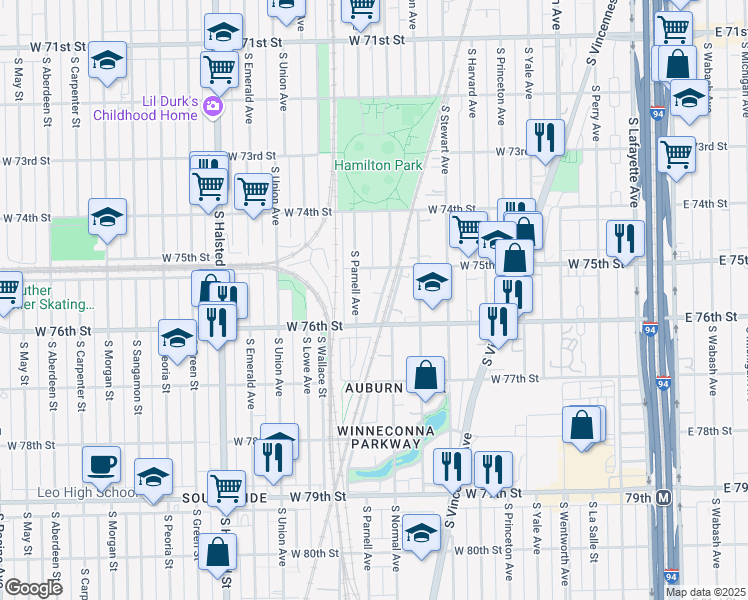 map of restaurants, bars, coffee shops, grocery stores, and more near 7532 South Normal Avenue in Chicago