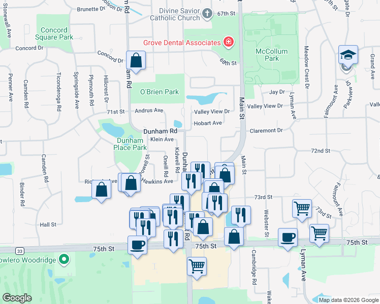 map of restaurants, bars, coffee shops, grocery stores, and more near 7135 Dunham Road in Downers Grove