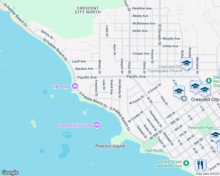 map of restaurants, bars, coffee shops, grocery stores, and more near 250 Grand Avenue in Crescent City