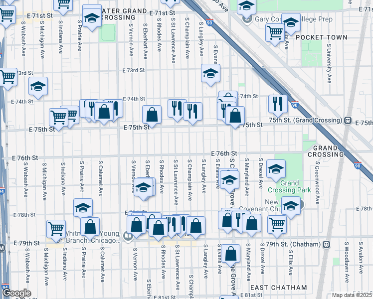 map of restaurants, bars, coffee shops, grocery stores, and more near 7550 South Champlain Avenue in Chicago