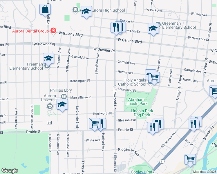 map of restaurants, bars, coffee shops, grocery stores, and more near 216 Ingleside Avenue in Aurora