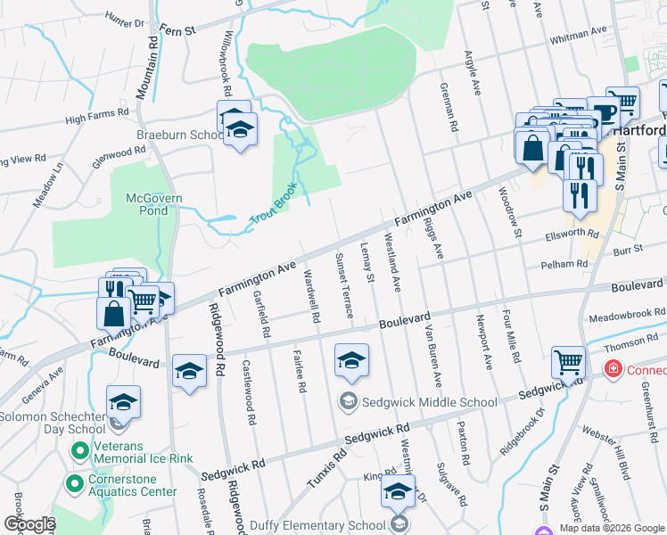 map of restaurants, bars, coffee shops, grocery stores, and more near 9 Sunset Terrace in West Hartford