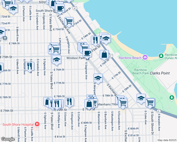 map of restaurants, bars, coffee shops, grocery stores, and more near 7607 S Saginaw Ave in Chicago