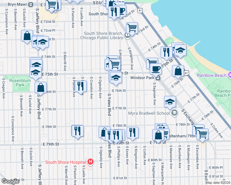 map of restaurants, bars, coffee shops, grocery stores, and more near 7604 South Phillips Avenue in Chicago