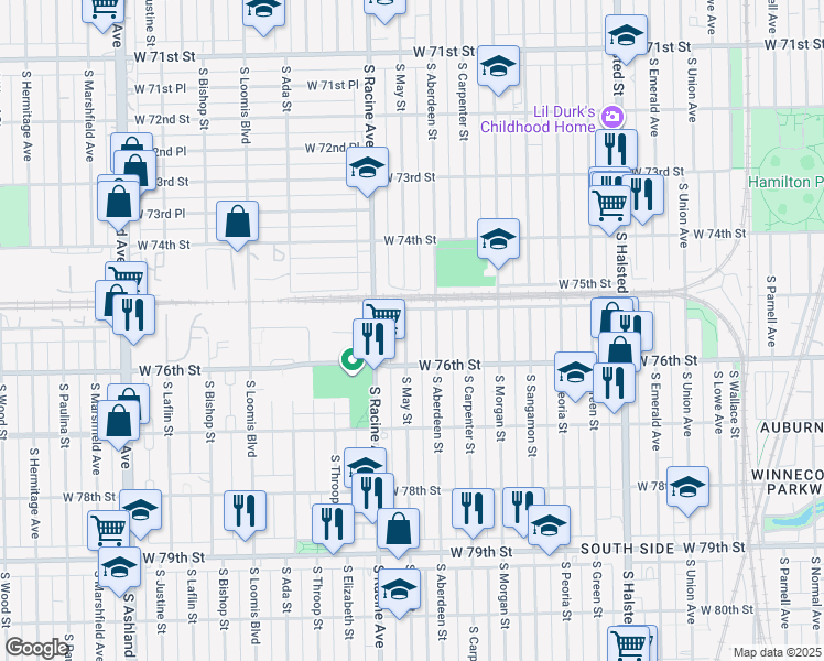 map of restaurants, bars, coffee shops, grocery stores, and more near 7519 South May Street in Chicago