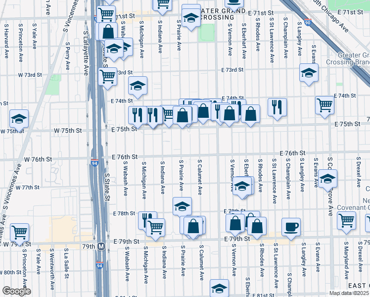 map of restaurants, bars, coffee shops, grocery stores, and more near 7545 South Prairie Avenue in Chicago