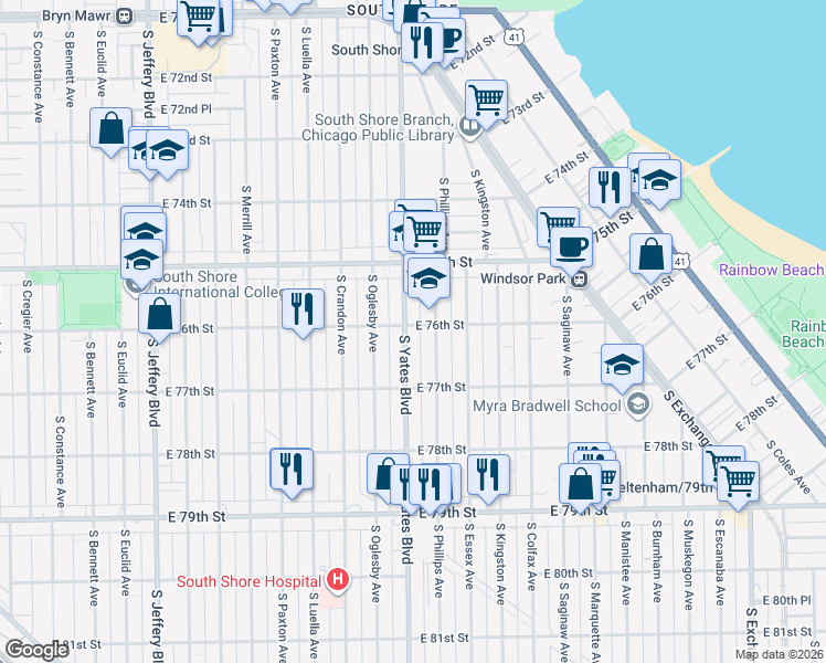 map of restaurants, bars, coffee shops, grocery stores, and more near 7603 South Yates Boulevard in Chicago