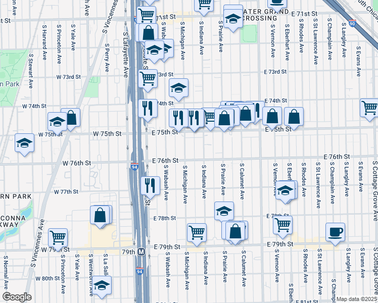 map of restaurants, bars, coffee shops, grocery stores, and more near 7549 South Michigan Avenue in Chicago