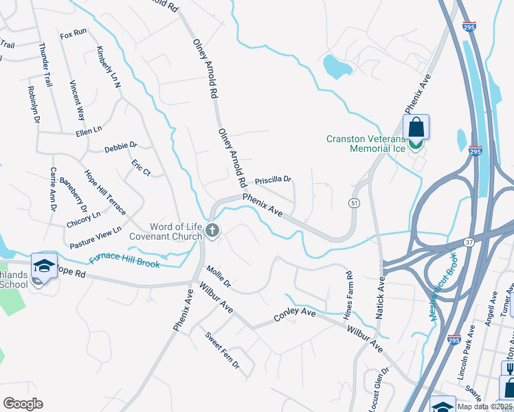 map of restaurants, bars, coffee shops, grocery stores, and more near 1218 Phenix Avenue in Cranston