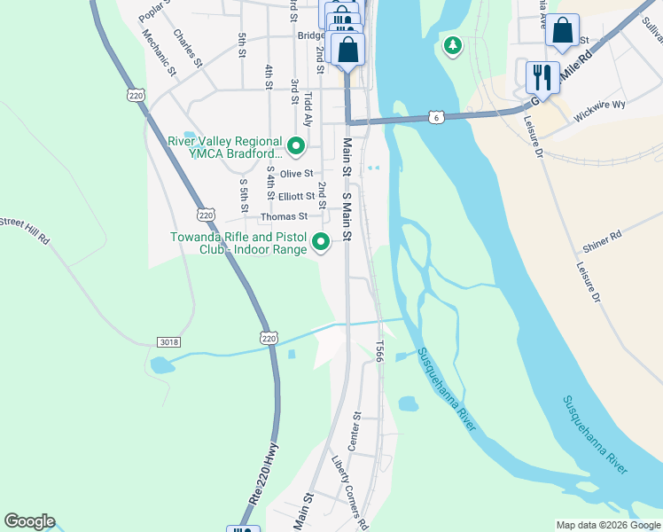 map of restaurants, bars, coffee shops, grocery stores, and more near 916 South Main Street in Towanda