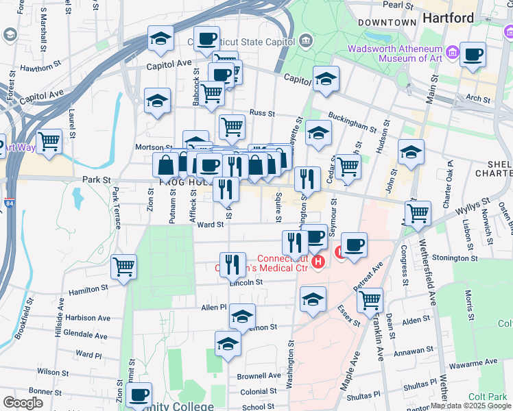 map of restaurants, bars, coffee shops, grocery stores, and more near 27 Wolcott Street in Hartford