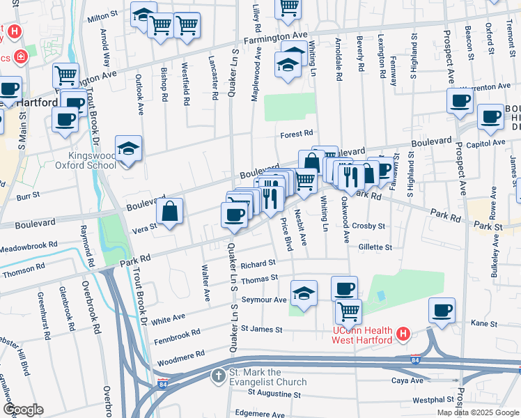 map of restaurants, bars, coffee shops, grocery stores, and more near 16 Washington Circle in West Hartford