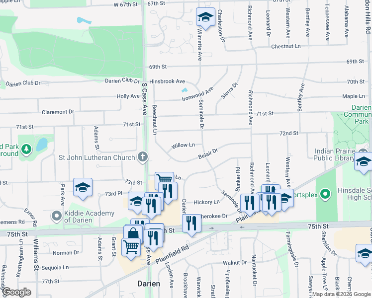 map of restaurants, bars, coffee shops, grocery stores, and more near 1017 Willow Lane in Darien