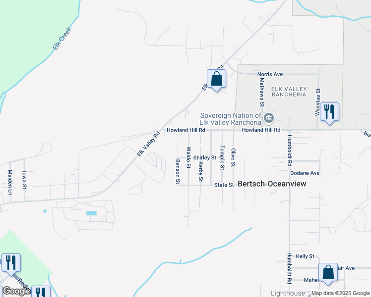 map of restaurants, bars, coffee shops, grocery stores, and more near 134 Waldo Street in Crescent City