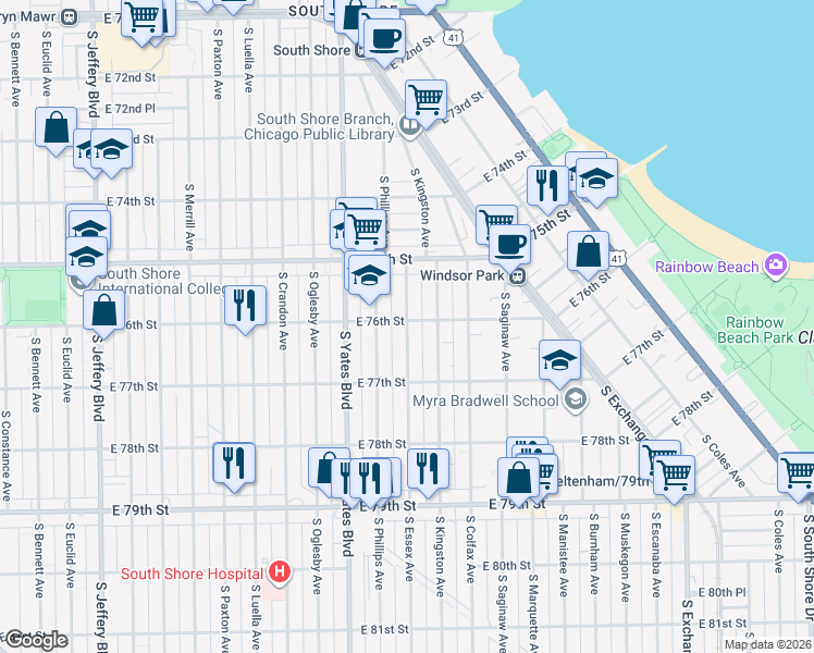 map of restaurants, bars, coffee shops, grocery stores, and more near 7602 South Essex Avenue in Chicago