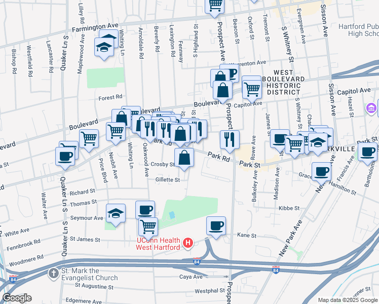 map of restaurants, bars, coffee shops, grocery stores, and more near 75 Park Road in West Hartford