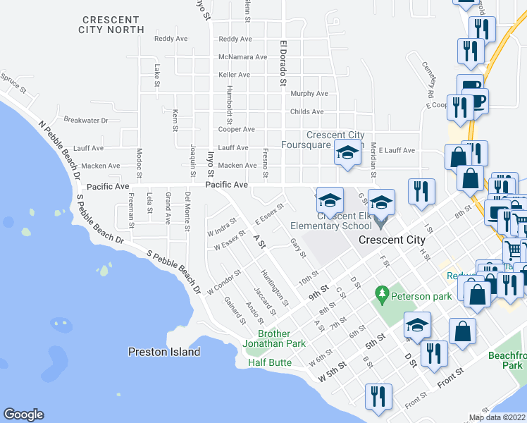 map of restaurants, bars, coffee shops, grocery stores, and more near 160 East Essex Street in Crescent City