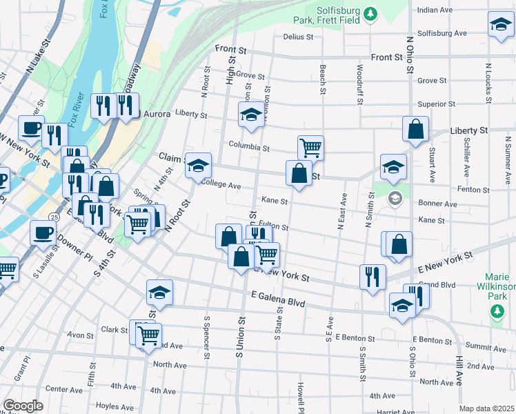 map of restaurants, bars, coffee shops, grocery stores, and more near 147 North Union Street in Aurora