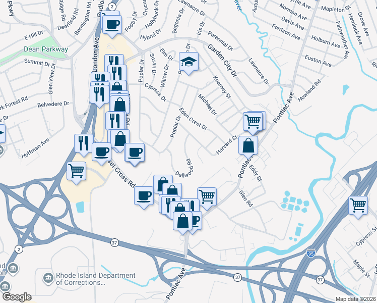 map of restaurants, bars, coffee shops, grocery stores, and more near 15 Harvard Court in Cranston
